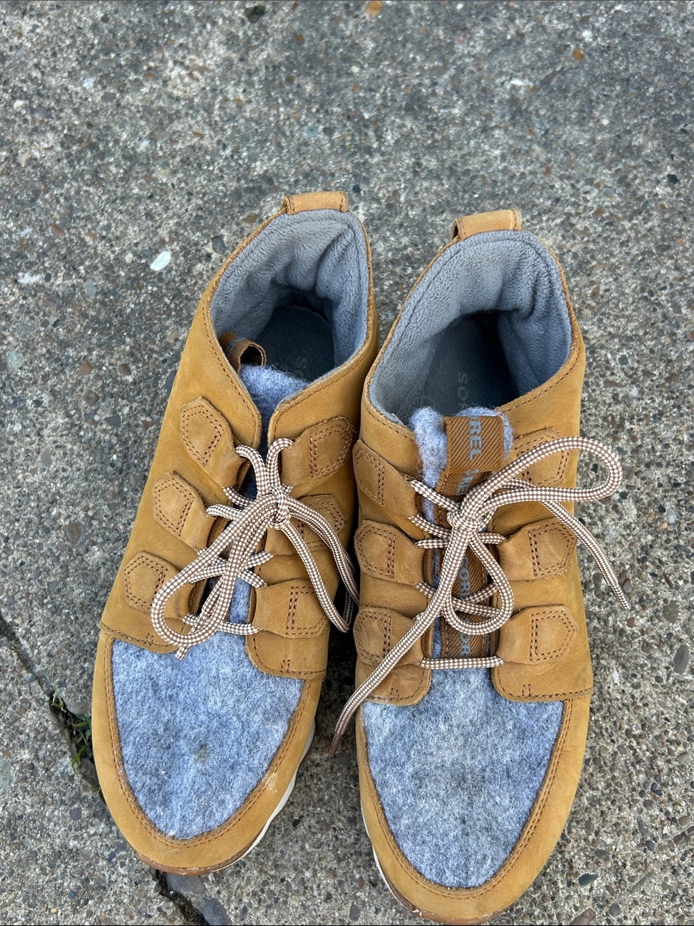 Sorel women’s Tan Leather & Gray Wool Trail Sneakers - Picture 3 of 9